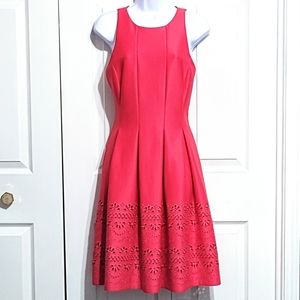 NWOT Jessica Howard Pleated Flair Dress Hot Pink Embroidered Cutout Pattern